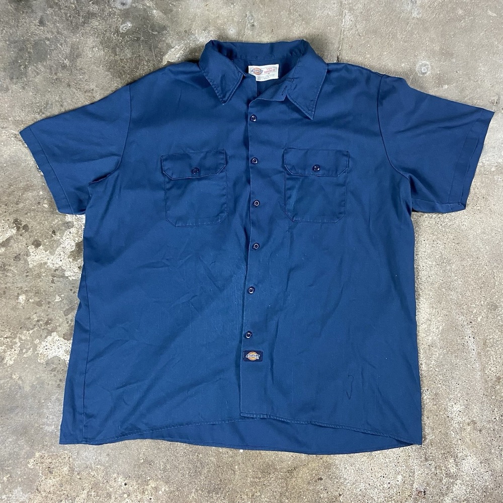 Vintage Dickies‎ Button Down T-Shirt Size 2XL Blue Short Sleeve Shop Workwear